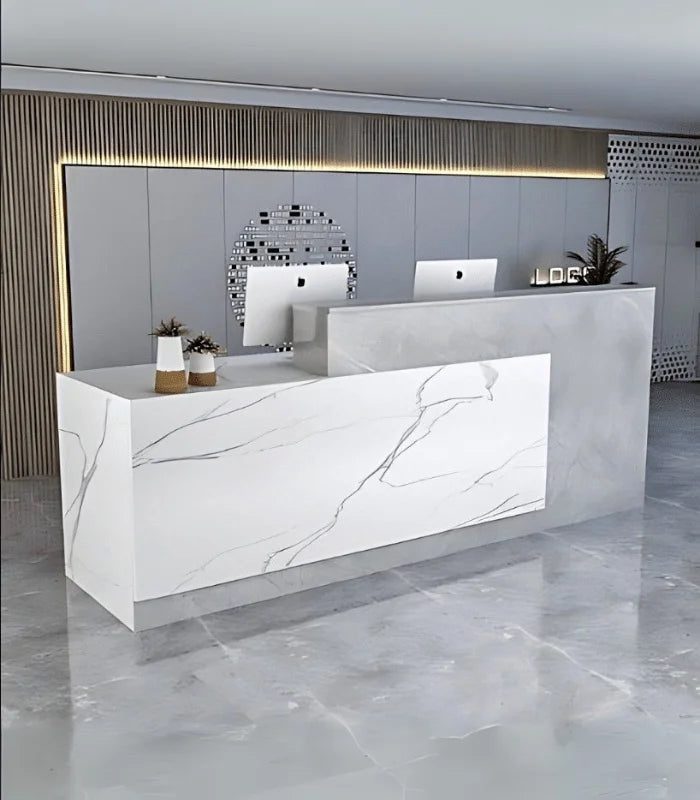 Comptoir d'Accueil Gris Clair & Blanc Effet Marbre - Design Moderne F1054